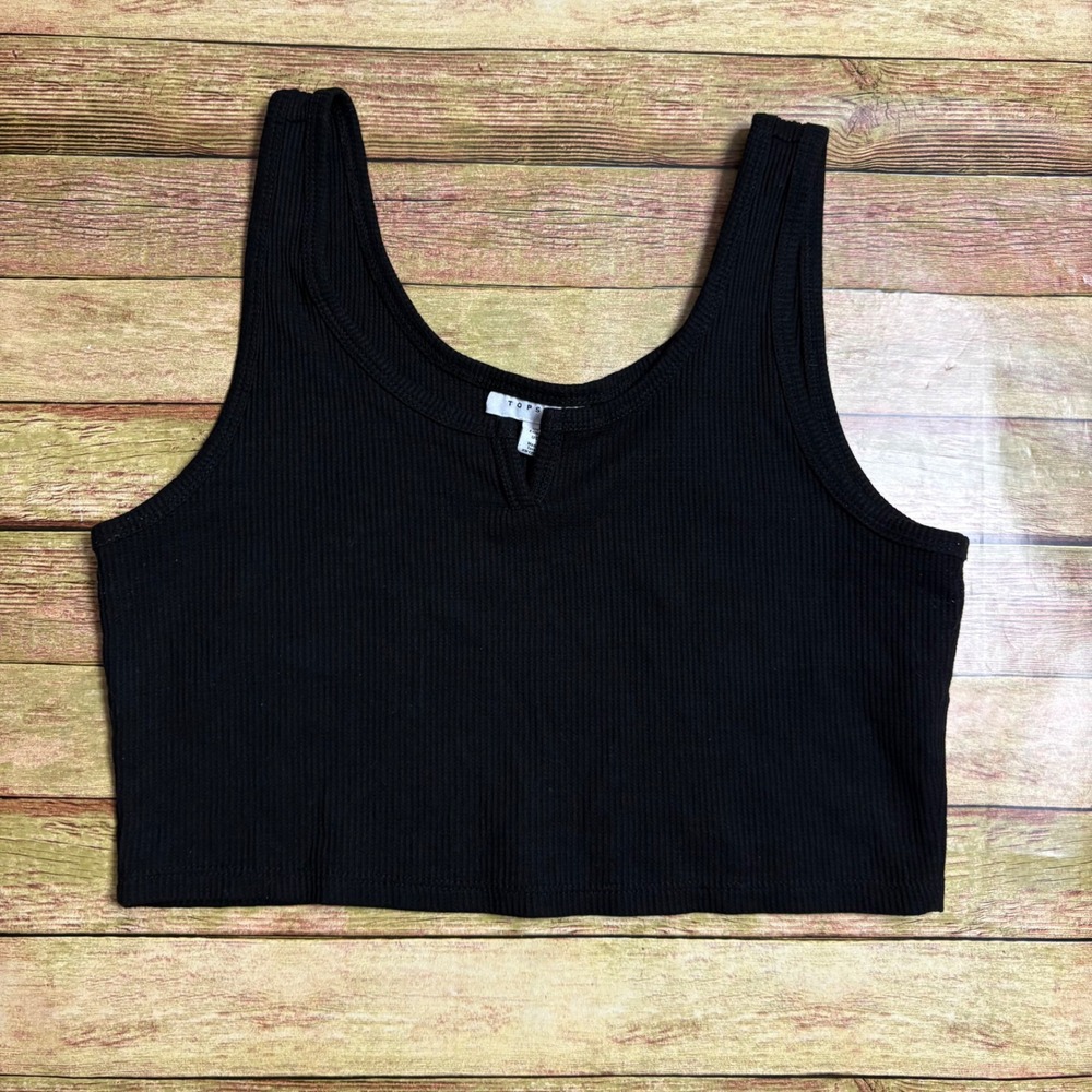 Topshop Black Ribbed Knit Notch Neck Crop Top Sleeveless Size 8 minimalist